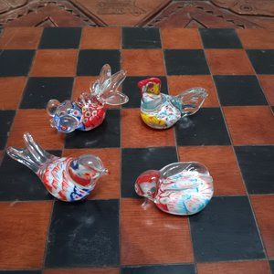 Vintage 4 pc set glass handmade Murano Italian Figurine Paperweight bird, fish